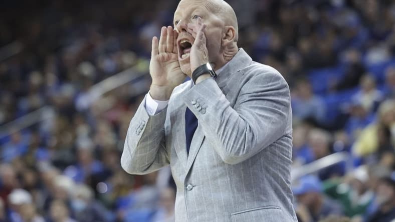 Jan 3, 2024; Los Angeles, California, USA; UCLA head coach Mick Cronin reacts during the second half in a game against the Stanford Cardinal at Pauley Pavilion presented by Wescom. Mandatory Credit: Yannick Peterhans-USA TODAY Sports