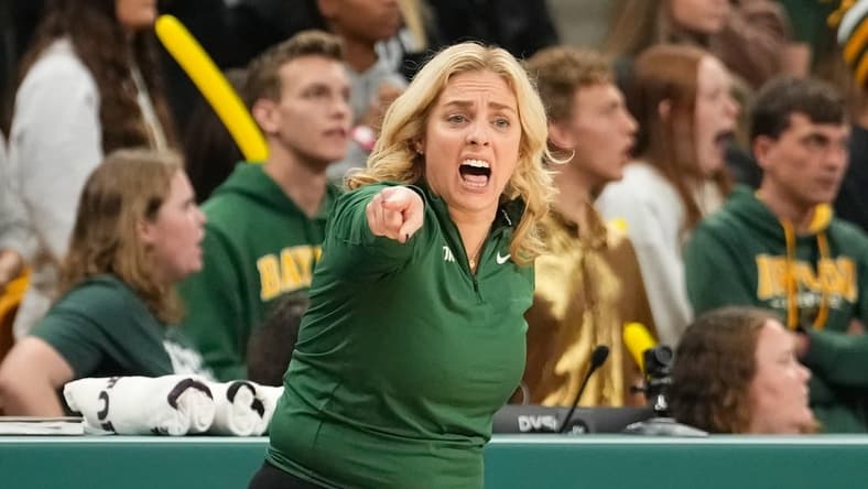 Jan 3, 2024; Waco, Texas, USA; Baylor Lady Bears head coach Nicki Collen calls a play against the TCU Horned Frogs during the second half at Paul and Alejandra Foster Pavilion. Mandatory Credit: Chris Jones-USA TODAY Sports