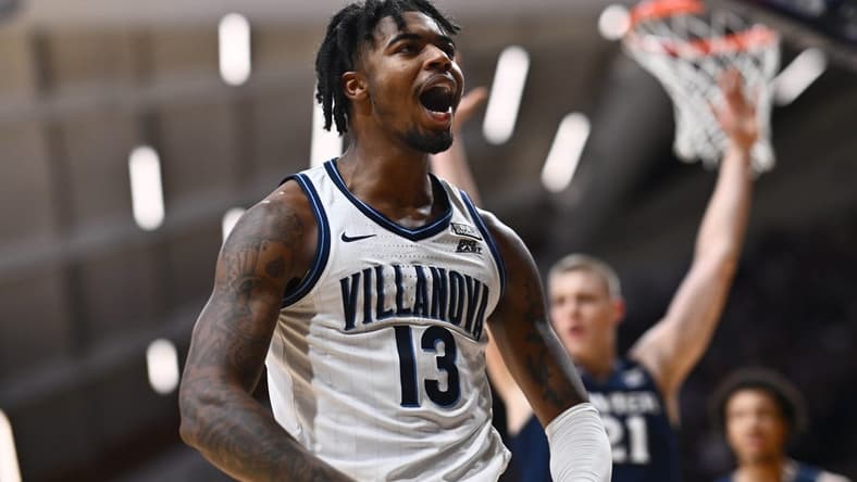 Jan 3, 2024; Villanova, Pennsylvania, USA; Villanova Wildcats guard Hakim Hart (13) reacts against the Xavier Musketeers in the first half at William B. Finneran Pavilion. Mandatory Credit: Kyle Ross-USA TODAY Sports