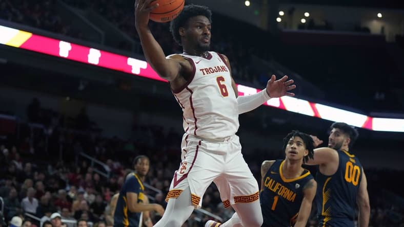 Jan 3, 2024; Los Angeles, California, USA; Southern California Trojans guard Bronny James (6) passes the ball in the second half against the California Golden Bears at Galen Center. Mandatory Credit: Kirby Lee-USA TODAY Sports