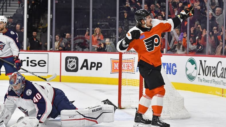 Jan 4, 2024; Philadelphia, Pennsylvania, USA; Philadelphia Flyers right wing Travis Konecny (11) celebrates his goal against Columbus Blue Jackets goaltender Daniil Tarasov (40) during the first period at Wells Fargo Center. Mandatory Credit: Eric Hartline-USA TODAY Sports