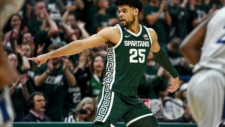Michigan State's Malik Hall celebrates after making a 3-pointer against Penn State during the second half on Thursday, Jan. 4, 2024, in East Lansing.