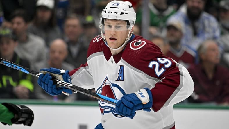 Jan 4, 2024; Dallas, Texas, USA; Colorado Avalanche center Nathan MacKinnon (29) skates against the Dallas Stars during the first period at the American Airlines Center. Mandatory Credit: Jerome Miron-USA TODAY Sports