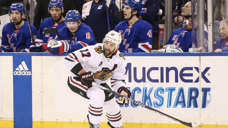 Jan 4, 2024; New York, New York, USA; Chicago Blackhawks left wing Nick Foligno (17) controls the puck in the third period against the New York Rangers at Madison Square Garden. Mandatory Credit: Wendell Cruz-USA TODAY Sports