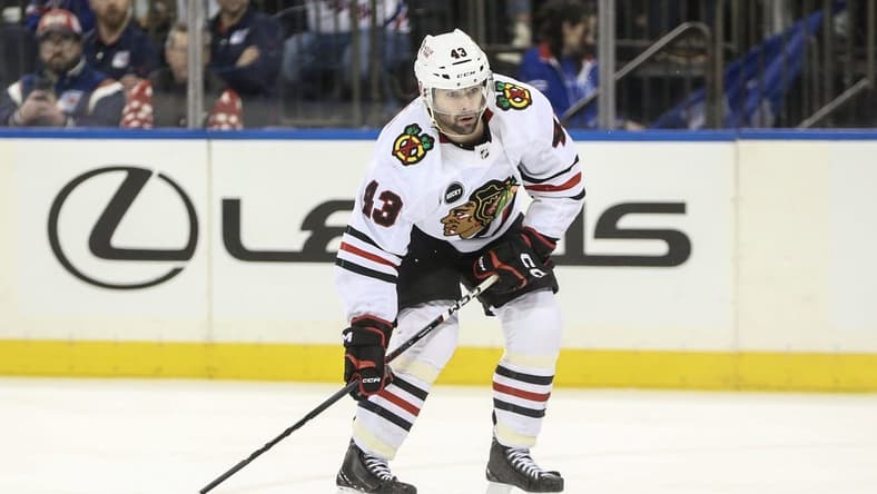 Jan 4, 2024; New York, New York, USA; Chicago Blackhawks center Colin Blackwell (43) controls the puck in the third period against the New York Rangers at Madison Square Garden. Mandatory Credit: Wendell Cruz-USA TODAY Sports