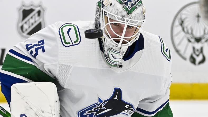 Jan 4, 2024; St. Louis, Missouri, USA; Vancouver Canucks goaltender Thatcher Demko (35) defends the net against the St. Louis Blues during the second period at Enterprise Center. Mandatory Credit: Jeff Curry-USA TODAY Sports