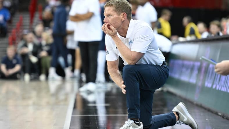Jan 4, 2024; Spokane, Washington, USA; Gonzaga Bulldogs head coach Mark Few looks on during a game against the Pepperdine Waves in the first half at Spokane Arena. Mandatory Credit: James Snook-USA TODAY Sports