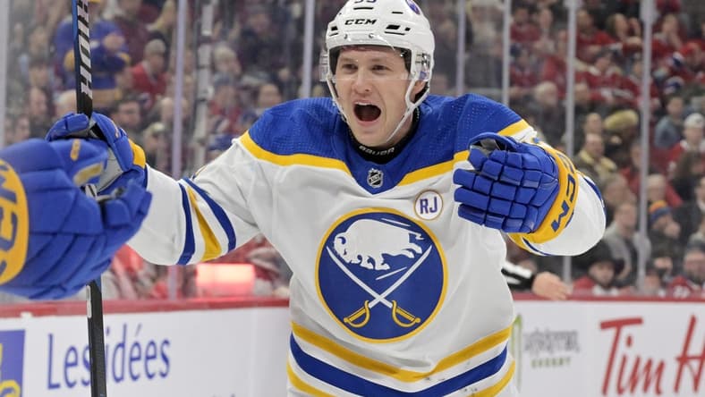 Jan 4, 2024; Montreal, Quebec, CAN; Buffalo Sabres forward Jeff Skinner (53) celebrates after the goal scored against the Montreal Canadiens by teammate forward Tage Thompson (72) (not pictured) during the third period at the Bell Centre. Mandatory Credit: Eric Bolte-USA TODAY Sports