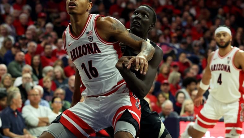 Jan 4, 2024; Tucson, Arizona, USA; Arizona Wildcats forward Keshad Johnson (16) and Colorado Buffaloes forward Bangot Dak (12) go for a rebound during the first half at McKale Center. Mandatory Credit: Zachary BonDurant-USA TODAY Sports