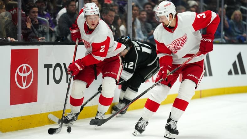 Jan 4, 2024; Los Angeles, California, USA; Detroit Red Wings defenseman Olli Maatta (2) and defenseman Justin Holl (3) battle for the puck with LA Kings left wing Trevor Moore (12) in the second period at Crypto.com Arena. Mandatory Credit: Kirby Lee-USA TODAY Sports