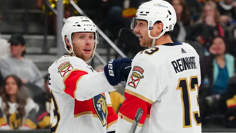 Jan 4, 2024; Las Vegas, Nevada, USA; Florida Panthers center Sam Reinhart (13) celebrates with Florida Panthers center Carter Verhaeghe (23) after scoring a goal against the Vegas Golden Knights during the third period at T-Mobile Arena. Mandatory Credit: Stephen R. Sylvanie-USA TODAY Sports