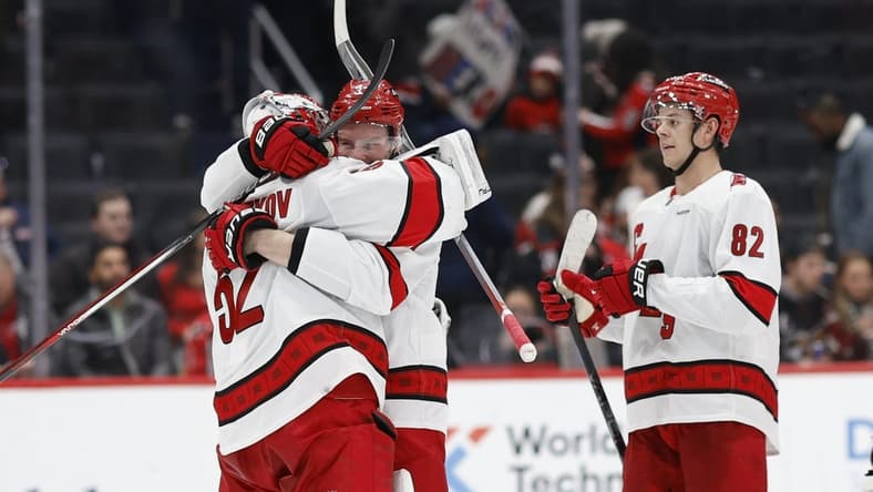 Jan 5, 2024; Washington, District of Columbia, USA; Carolina Hurricanes goaltender Pyotr Kochetkov (52) celebrates with Hurricanes right wing Andrei Svechnikov (37) after their game against the Washington Capitals at Capital One Arena. Mandatory Credit: Geoff Burke-USA TODAY Sports