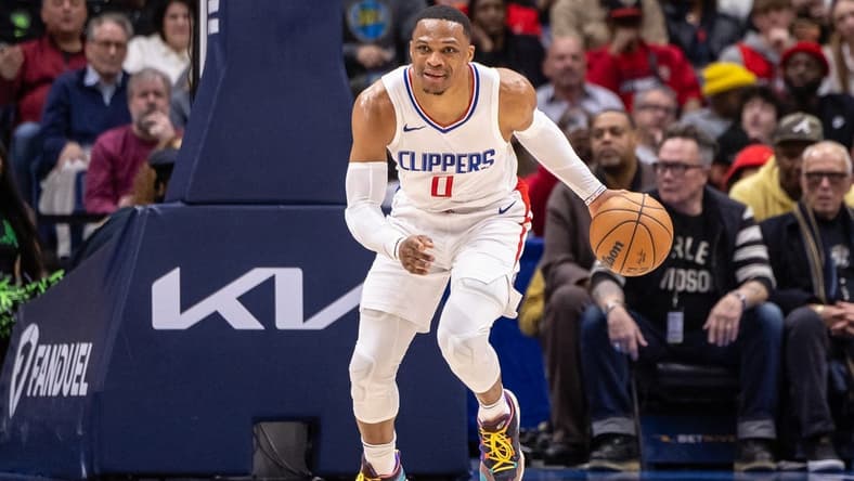Jan 5, 2024; New Orleans, Louisiana, USA; LA Clippers guard Russell Westbrook (0) brings the ball up court against the New Orleans Pelicans during the second half at Smoothie King Center. Mandatory Credit: Stephen Lew-USA TODAY Sports