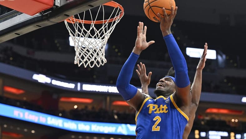 Jan 6, 2024; Louisville, Kentucky, USA; Pittsburgh Panthers forward Blake Hinson (2) shoots against the Louisville Cardinals during the first half at KFC Yum! Center. Mandatory Credit: Jamie Rhodes-USA TODAY Sports