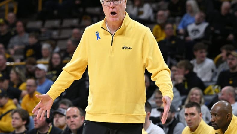 Jan 6, 2024; Iowa City, Iowa, USA; Iowa Hawkeyes head coach Fran McCaffery reacts during the second half against the Rutgers Scarlet Knights at Carver-Hawkeye Arena. Mandatory Credit: Jeffrey Becker-USA TODAY Sports