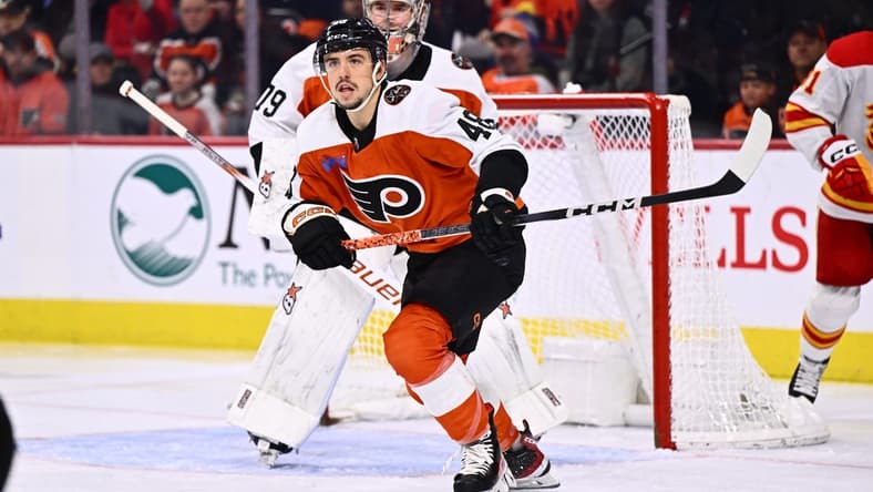 Jan 6, 2024; Philadelphia, Pennsylvania, USA; Philadelphia Flyers center Morgan Frost (48) in action against the Calgary Flames in the first period at Wells Fargo Center. Mandatory Credit: Kyle Ross-USA TODAY Sports