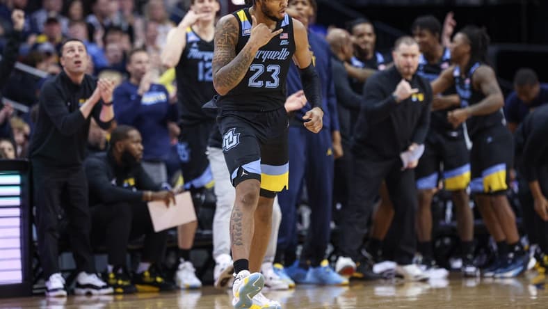Jan 6, 2024; Newark, New Jersey, USA; Marquette Golden Eagles forward David Joplin (23) reacts after making a three point basket against the Seton Hall Pirates during the second half at Prudential Center. Mandatory Credit: Vincent Carchietta-USA TODAY Sports