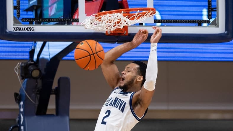 Jan 6, 2024; Villanova, Pennsylvania, USA; Villanova Wildcats guard Mark Armstrong (2) dunks the ball against the St. John's Red Storm during the second half at William B. Finneran Pavilion. Mandatory Credit: Bill Streicher-USA TODAY Sports