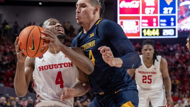 Jan 6, 2024; Houston, Texas, USA; Houston Cougars guard L.J. Cryer (4) drives against West Virginia Mountaineers forward Patrick Suemnick (24) in the second half at Fertitta Center. Mandatory Credit: Thomas Shea-USA TODAY Sports