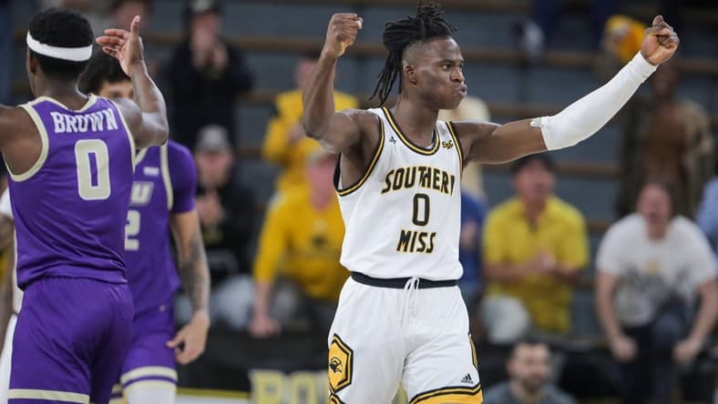 Jan 6, 2024; Hattiesburg, Mississippi, USA; Southern Miss Golden Eagles forward Victor Iwuakor (0) gestures near the end of their game against the James Madison Dukes at Reed Green Coliseum. Mandatory Credit: Chuck Cook-USA TODAY Sports