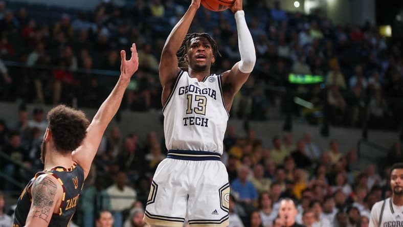 Jan 6, 2024; Atlanta, Georgia, USA; Georgia Tech Yellow Jackets guard Miles Kelly (13) shoots against the Boston College Eagles in the second half at McCamish Pavilion. Mandatory Credit: Brett Davis-USA TODAY Sports