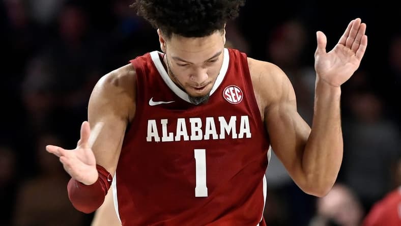 Alabama guard Mark Sears (1) celebrates after a basket against Vanderbilt during the second half of an NCAA college basketball game Saturday, Jan. 6, 2024, in Nashville, Tenn. Alabama won 78-75.