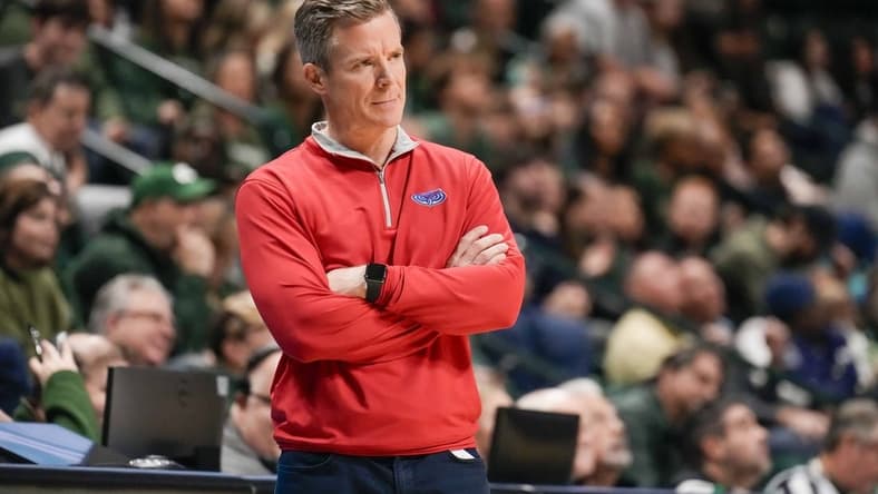 Jan 6, 2024; Charlotte, North Carolina, USA; Florida Atlantic Owls head coach Dusty May reacts to a call during the second half against the Charlotte 49ers at Dale F. Halton Arena. Mandatory Credit: Jim Dedmon-USA TODAY Sports