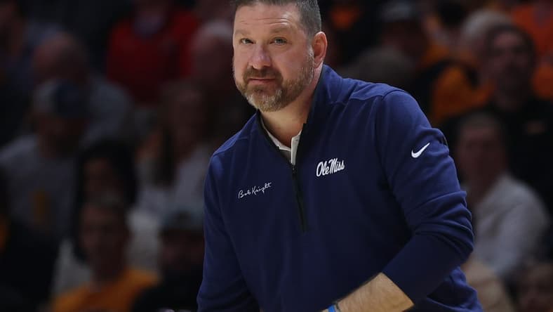 Jan 6, 2024; Knoxville, Tennessee, USA; Mississippi Rebels head coach Chris Beard during the first half against the Tennessee Volunteers at Thompson-Boling Arena at Food City Center. Mandatory Credit: Randy Sartin-USA TODAY Sports