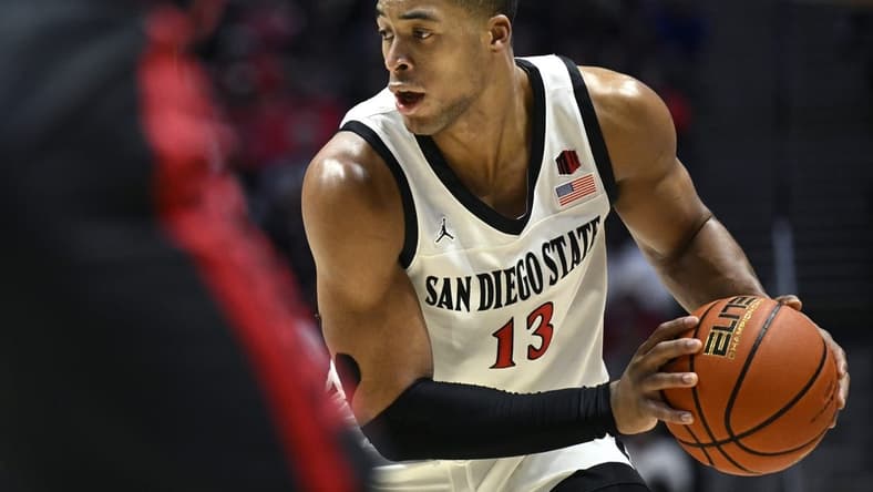 Jan 6, 2024; San Diego, California, USA; San Diego State Aztecs forward Jaedon LeDee (13) controls the ball during the first half against the UNLV Rebels at Viejas Arena. Mandatory Credit: Orlando Ramirez-USA TODAY Sports