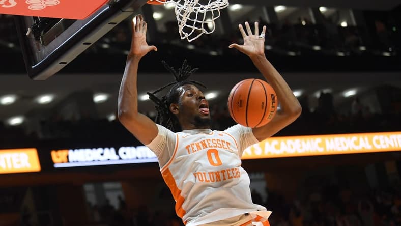 Tennessee forward Jonas Aidoo (0) dunks the ball during an NCAA basketball game against Ole Miss at Thompson-Boling Arena at Food City Center, Saturday, Jan. 6, 2024.