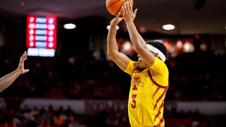 Iowa State guard Tamin Lipsey (3) shoots a 3-pointer in the second half during an NCAA basketball game between University of Oklahoma (OU) and Iowa State at the Lloyd Noble Center in Norman, Okla., on Saturday, Jan. 6, 2024.