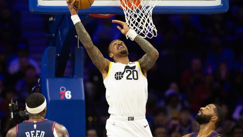Jan 6, 2024; Philadelphia, Pennsylvania, USA; Utah Jazz forward John Collins (20) scores against the Philadelphia 76ers during the second quarter at Wells Fargo Center. Mandatory Credit: Bill Streicher-USA TODAY Sports