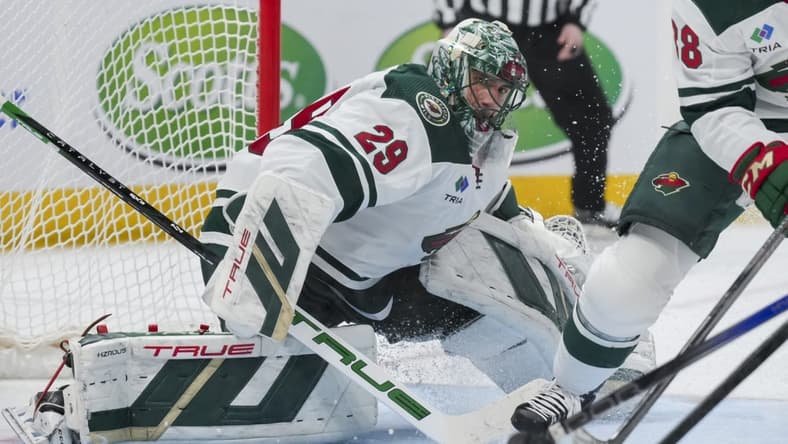 Jan 6, 2024; Columbus, Ohio, USA; Minnesota Wild goaltender Marc-Andre Fleury (29) follows the puck in play against the Columbus Blue Jackets in the third period at Nationwide Arena. Mandatory Credit: Aaron Doster-USA TODAY Sports