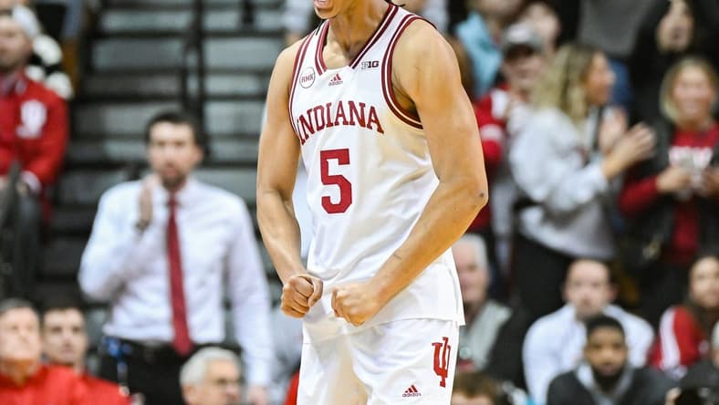 Jan 6, 2024; Bloomington, Indiana, USA; Indiana Hoosiers forward Malik Reneau (5) celebrates against the Ohio State Buckeyes during the second half at Simon Skjodt Assembly Hall. Mandatory Credit: Robert Goddin-USA TODAY Sports