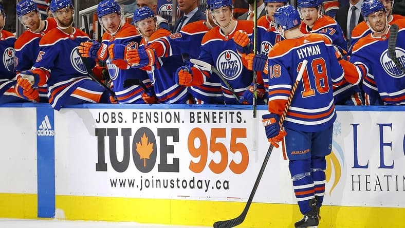Jan 6, 2024; Edmonton, Alberta, CAN; The Edmonton Oilers celebrate after a goal by forward Zach Hyman (18) during the third period against the Ottawa Senators at Rogers Place. Mandatory Credit: Perry Nelson-USA TODAY Sports
