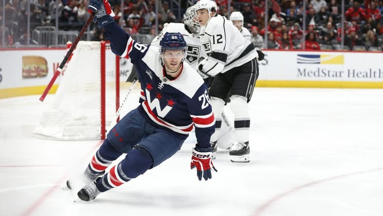 Jan 7, 2024; Washington, District of Columbia, USA; Washington Capitals right wing Nic Dowd (26) celebrates after scoring a goal past Los Angeles Kings goaltender Cam Talbot (39) during the second period at Capital One Arena. Mandatory Credit: Amber Searls-USA TODAY Sports