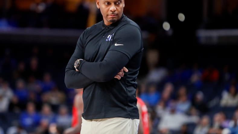 Memphis' head coach Penny Hardaway looks towards his bench during the game between Southern Methodist University and the University of Memphis at FedExForum in Memphis, Tenn., on Sunday, January 7, 2024.