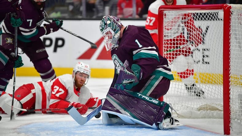 Jan 7, 2024; Anaheim, California, USA; Anaheim Ducks goaltender Lukas Dostal (1) blocks a shot against the Detroit Red Wings during the first period at Honda Center. Mandatory Credit: Gary A. Vasquez-USA TODAY Sports