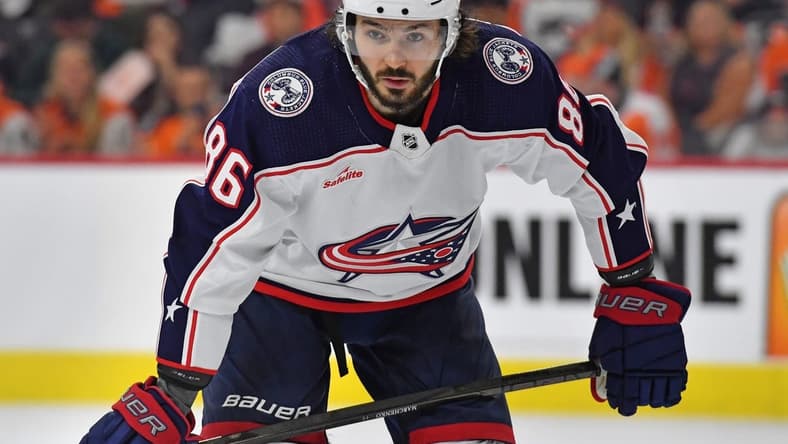 Jan 4, 2024; Philadelphia, Pennsylvania, USA; Columbus Blue Jackets right wing Kirill Marchenko (86) against the Philadelphia Flyers at Wells Fargo Center. Mandatory Credit: Eric Hartline-USA TODAY Sports