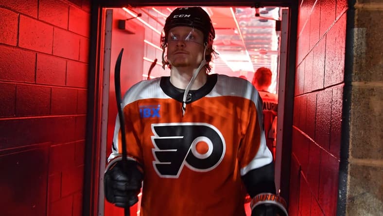 Jan 8, 2024; Philadelphia, Pennsylvania, USA; Philadelphia Flyers right wing Owen Tippett (74) in the tunnel before game against the Pittsburgh Penguins at Wells Fargo Center. Mandatory Credit: Eric Hartline-USA TODAY Sports