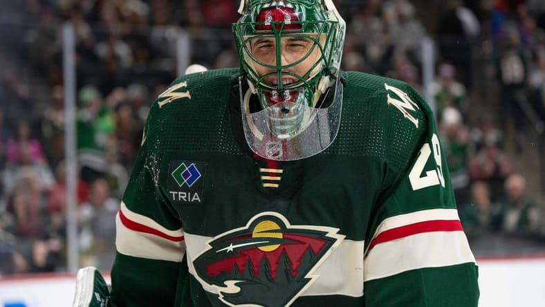 Jan 8, 2024; Saint Paul, Minnesota, USA; Minnesota Wild goaltender Marc-Andre Fleury (29) expresses frustration after letting in a fourth goal against the Dallas Stars in the third period at Xcel Energy Center. Mandatory Credit: Matt Blewett-USA TODAY Sports