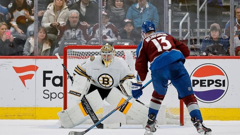 Jan 8, 2024; Denver, Colorado, USA; Colorado Avalanche right wing Valeri Nichushkin (13) scores the game winning shootout goal against Boston Bruins goaltender Jeremy Swayman (1) at Ball Arena. Mandatory Credit: Isaiah J. Downing-USA TODAY Sports
