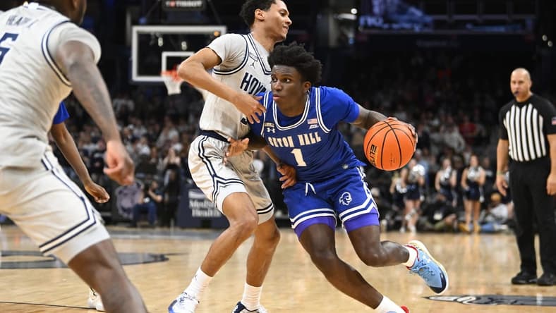 Jan 9, 2024; Washington, District of Columbia, USA; Seton Hall Pirates guard Kadary Richmond (1) dribbles as Georgetown Hoyas guard Wayne Bristol Jr. (31) defends during the first half at Capital One Arena. Mandatory Credit: Brad Mills-USA TODAY Sports