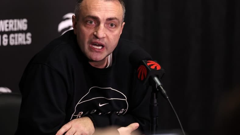 Jan 9, 2024; Los Angeles, California, USA; Toronto Raptors head coach Darko Rajakovic speaks to media before the game against the Los Angeles Lakers at Crypto.com Arena. Mandatory Credit: Kiyoshi Mio-USA TODAY Sports