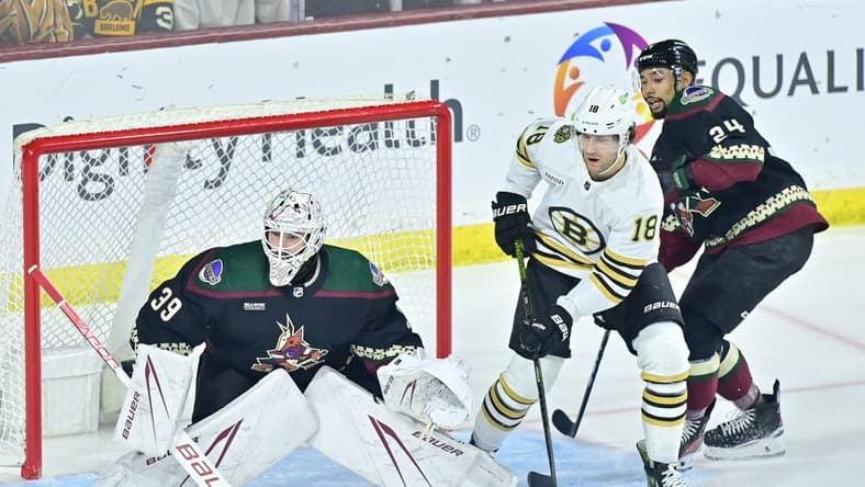 Jan 9, 2024; Tempe, Arizona, USA; Arizona Coyotes goaltender Connor Ingram (39) and defenseman Matt Dumba (24) defend against Boston Bruins center Pavel Zacha (18) in the first period at Mullett Arena. Mandatory Credit: Matt Kartozian-USA TODAY Sports