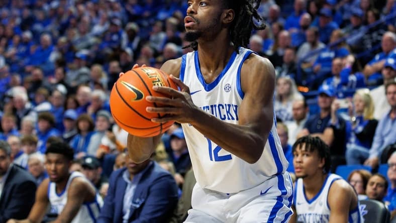 Jan 9, 2024; Lexington, Kentucky, USA; Kentucky Wildcats guard Antonio Reeves (12) shoots the ball during the second half against the Missouri Tigers at Rupp Arena at Central Bank Center. Mandatory Credit: Jordan Prather-USA TODAY Sports