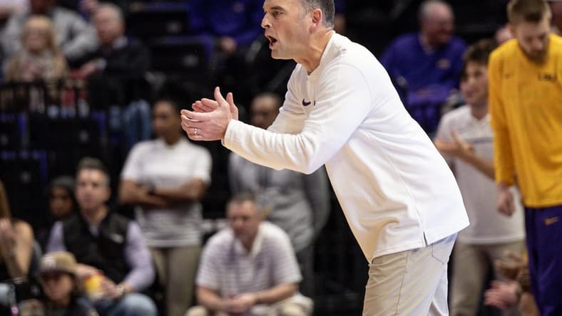 Jan 9, 2024; Baton Rouge, Louisiana, USA; LSU Tigers head coach Matt McMahon looks on against the Vanderbilt Commodores during the first half at Pete Maravich Assembly Center. Mandatory Credit: Stephen Lew-USA TODAY Sports