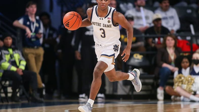 Jan 9, 2024; Atlanta, Georgia, USA; Notre Dame Fighting Irish guard Markus Burton (3) dribbles against the Georgia Tech Yellow Jackets in the first half at McCamish Pavilion. Mandatory Credit: Brett Davis-USA TODAY Sports