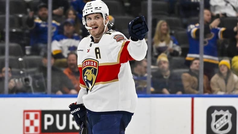 Jan 9, 2024; St. Louis, Missouri, USA;  Florida Panthers left wing Matthew Tkachuk (19) reacts after scoring a hat trick against the St. Louis Blues during the third period at Enterprise Center. Mandatory Credit: Jeff Curry-USA TODAY Sports