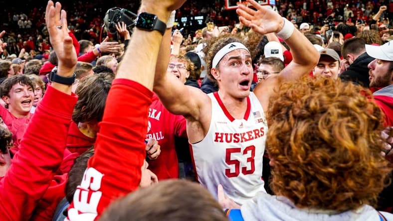 Jan 9, 2024; Lincoln, Nebraska, USA; The Nebraska Cornhuskers celebrate after defeating the Purdue Boilermakers at Pinnacle Bank Arena. Mandatory Credit: Dylan Widger-USA TODAY Sports